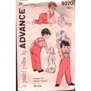 Vintage Advance 9370 Toddler Boys Overalls and Shirt Sewing Pattern Size 2 Retro